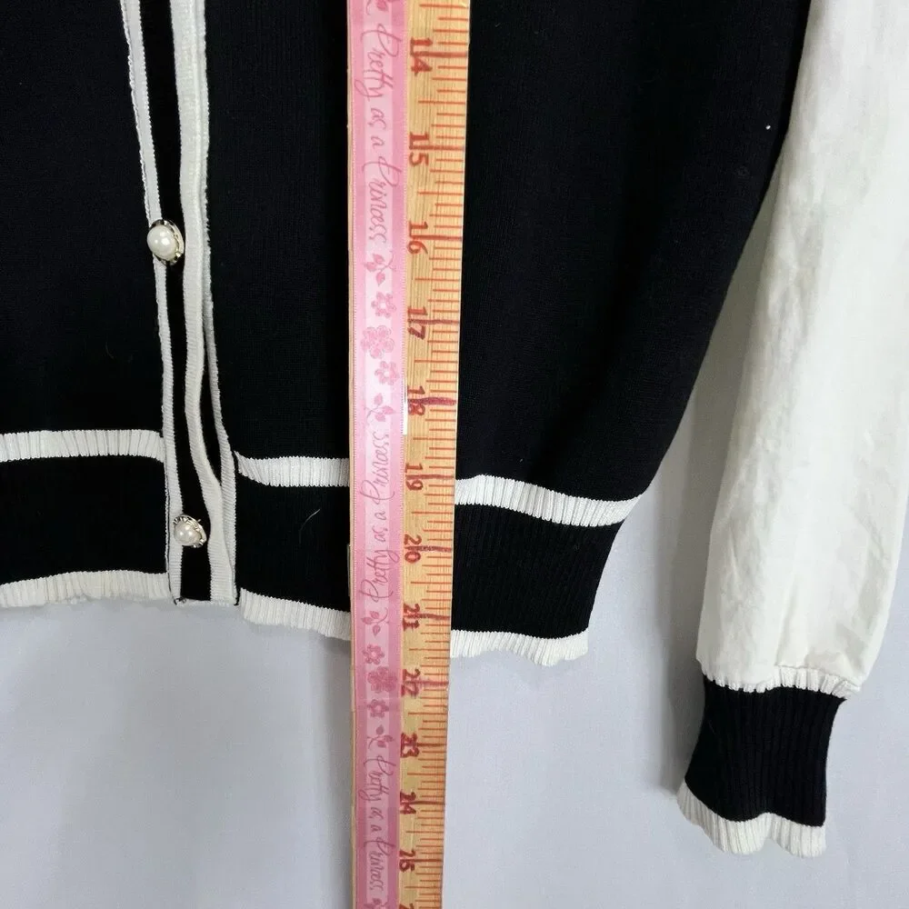 Women Black White Cardigan Pearl Buttons Contrast Trim Knit Elegant Classic